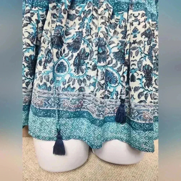 Show Me Your MuMu Poet Tie Tassel Floral Boho Blue Blouse Size Medium - Picture 3 of 13